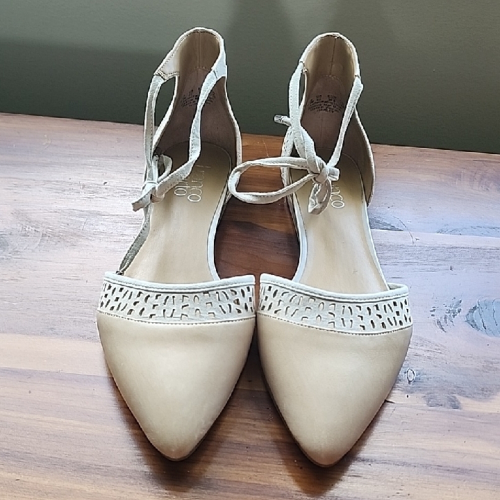Franco Sarto Hawley Leather Pointed Toe Ankle Tie Flats, Low Vamp, New In Box